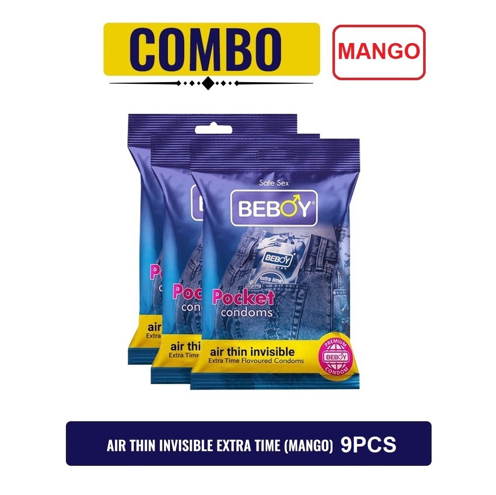 Beboy Extra Time Air Thin Invisible Condom (Mango Flavoured) Pouch Pack (Combo) 3x3 - 9Pcs (India)