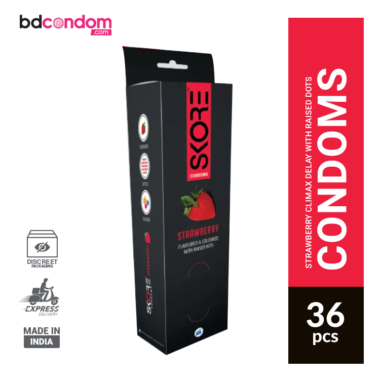 SKORE - Strawberry Flavour With Raised Dots Condom - Full Box - 12x3s= 36Pcs (India)