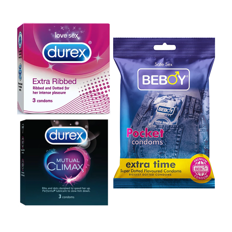 Durex FortifyShield Combo = 9Pcs Condom + Durex Extra Ribbed 3s + Durex Mutual Climax 3s + Beboy Extra Time 3s Condom