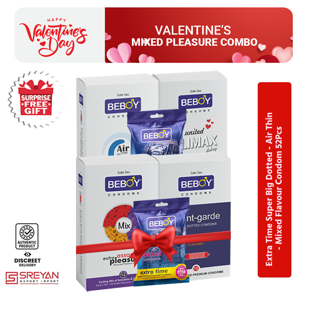 Beboy Valentine's Mixed Pleasure Combo Pack = Beboy Condom 52Pcs - Extra Time Dotted , Air Thin Climax , Mixed Flavour - With Gift