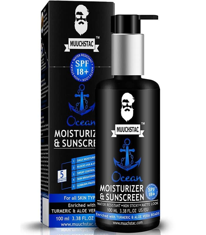 Muuchstac Men’s Ocean Moisturizer & Sunscreen Matte Look SPF 18+ Cream with Turmeric & Aloe Vera Beads, Non-Sticky & Water Resistant – 100 ML