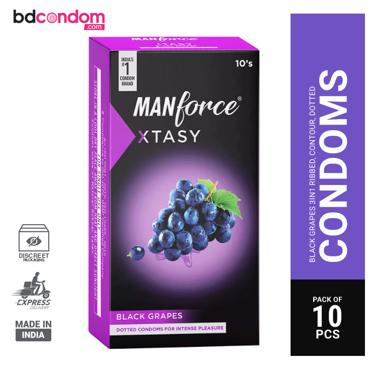 Manforce Xtasy Black Grapes Flavoured Dotted and Double Contoured Condom - 10Pcs Pack (India)
