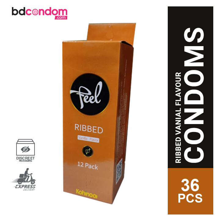 Feel Vanilla Flavour Ribbed Condom - Full Box - 3x12=36pcs - Condom