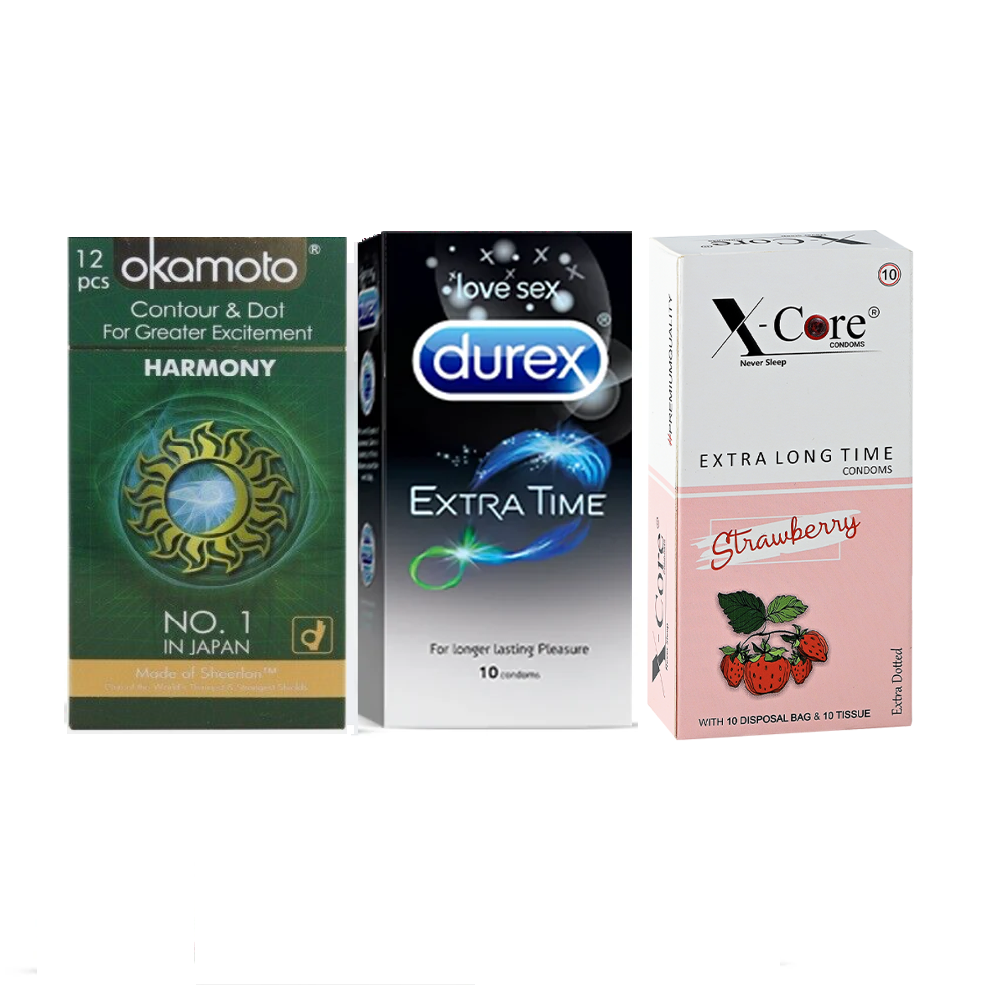 Durex Game On Combo 3x10 = 30Pcs Condom - Durex Extra Time 10s + Okamoto Harmony Dotted 10s + Xcore Strawberry 10s