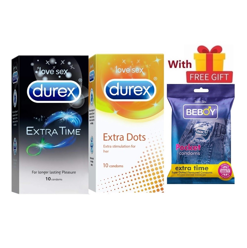 Durex Spooning Combo = 23Pcs Condom + Durex Extra Time 10s + Extra Dots 10s + Beboy Extra Time Dotted Paan 3s + Free Gift