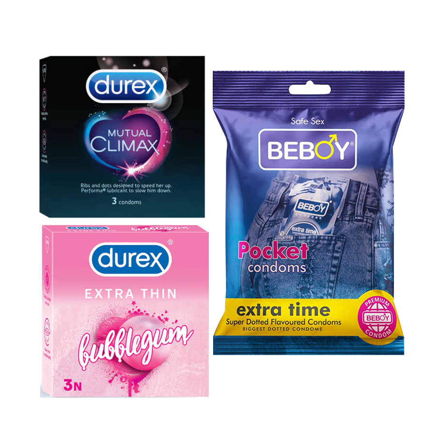 Durex BareSafe Combo = 9Pcs Condom + Durex Mutual Climax 3s + Durex BubbleGum 3s + Beboy Extra Time 3s Condom