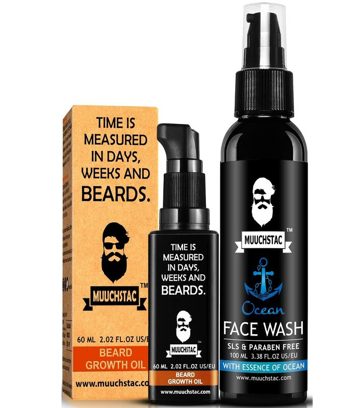 Muuchstac Men’s Herbal Beard Growth Oil – 60ml & Refreshing Ocean Face Wash – Fights Acne & Pimple, Skin Whitening & Brightening – 100 ml, Sulphate & Paraben Free
