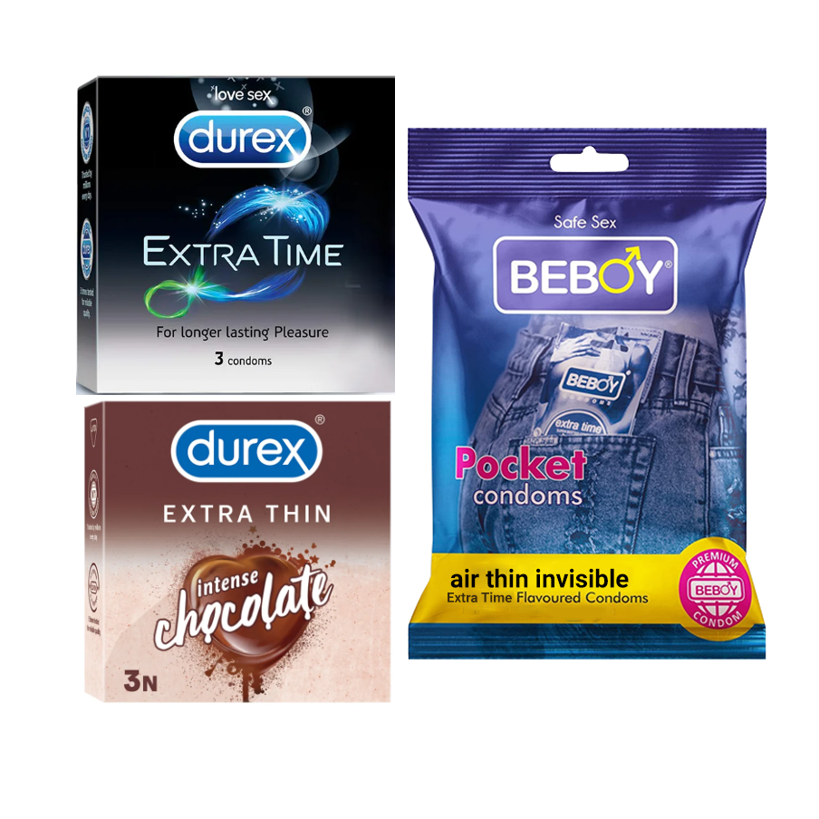 Durex ShieldBond Combo = 9Pcs + Durex Extra Time 3s + Durex Chocolate 3s + Beboy Air Thin Invisible 3s Condom