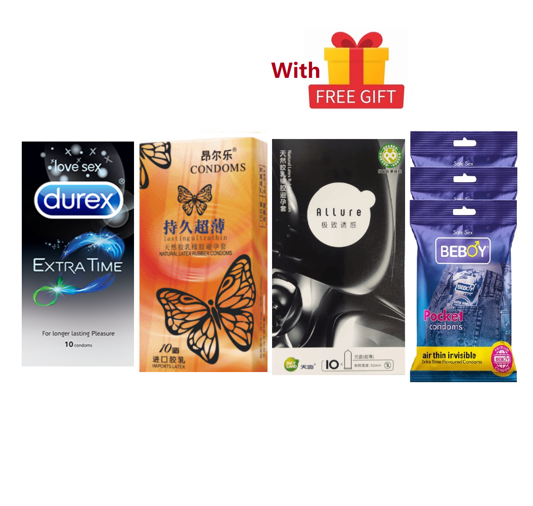 Durex Long Lasting Combo = 39Pcs Condom + Durex Extra Time 10s + Butterfly Long Last 10s + Allure Ultra Thin 10s + Beboy Air Thin Invisible Mango 9s + Free Gift