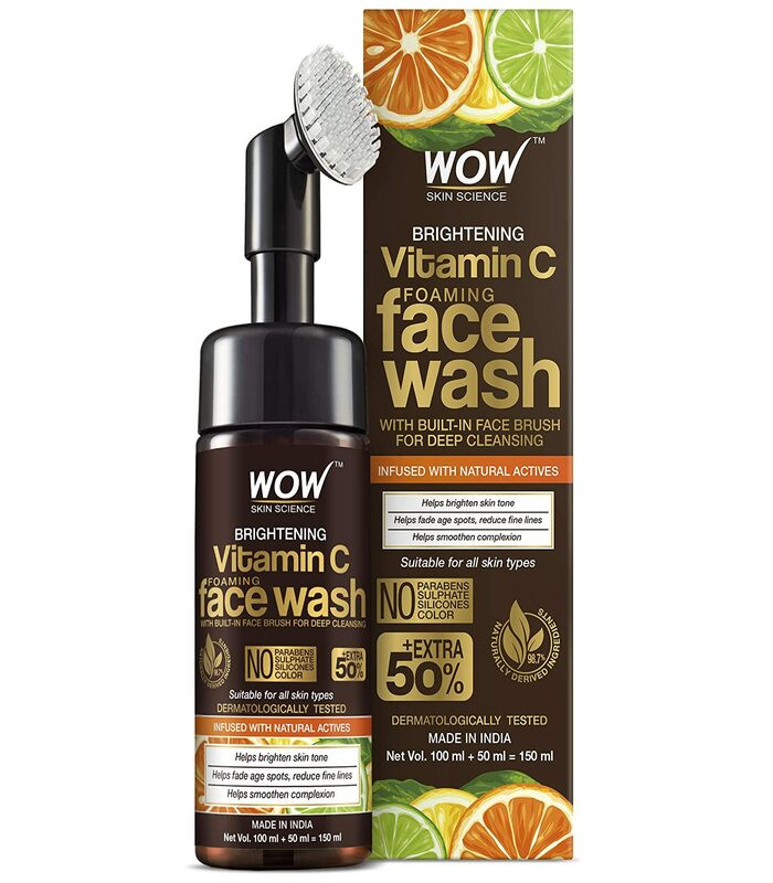 WOW Skin Science Brightening Vitamin C Foaming Face Wash with Built-In Face Brush for Deep Cleansing – No Parabens, Sulphate, Silicones & Color, 150 ml