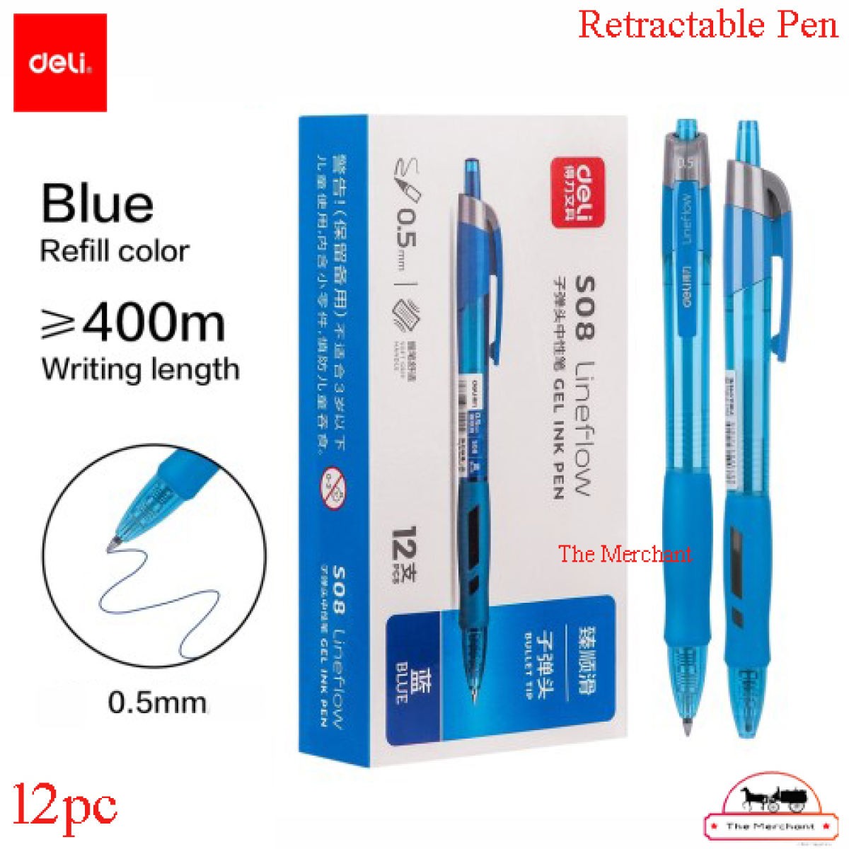 Deli S08 LineFlow Gel Ink Pen - 0.5mm - 12pc - Blue