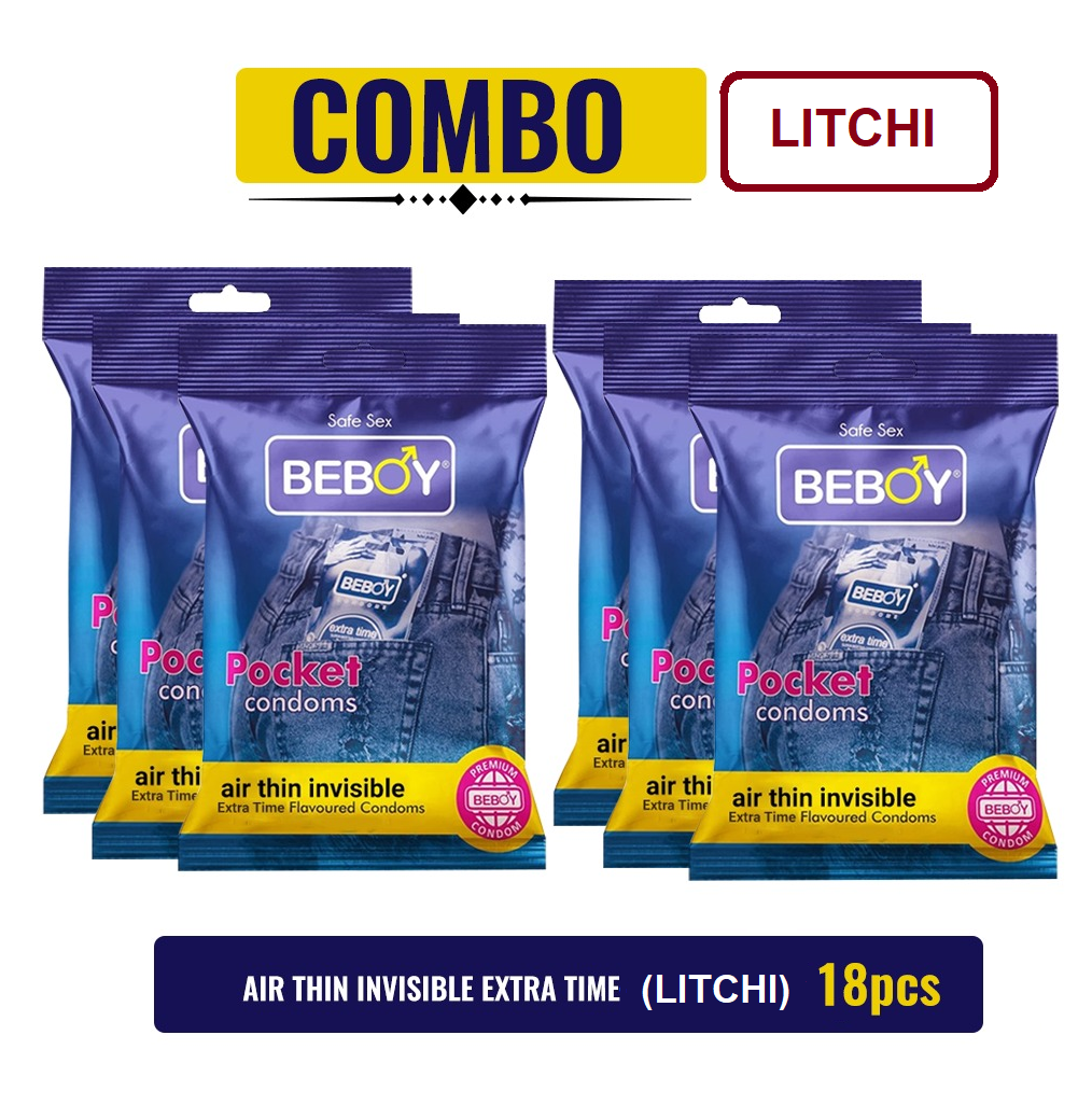 Beboy Extra Time Air Thin Invisible Condom (Litchi Flavour) Pouch Pack (Combo) 3x6 - 18Pcs (India)