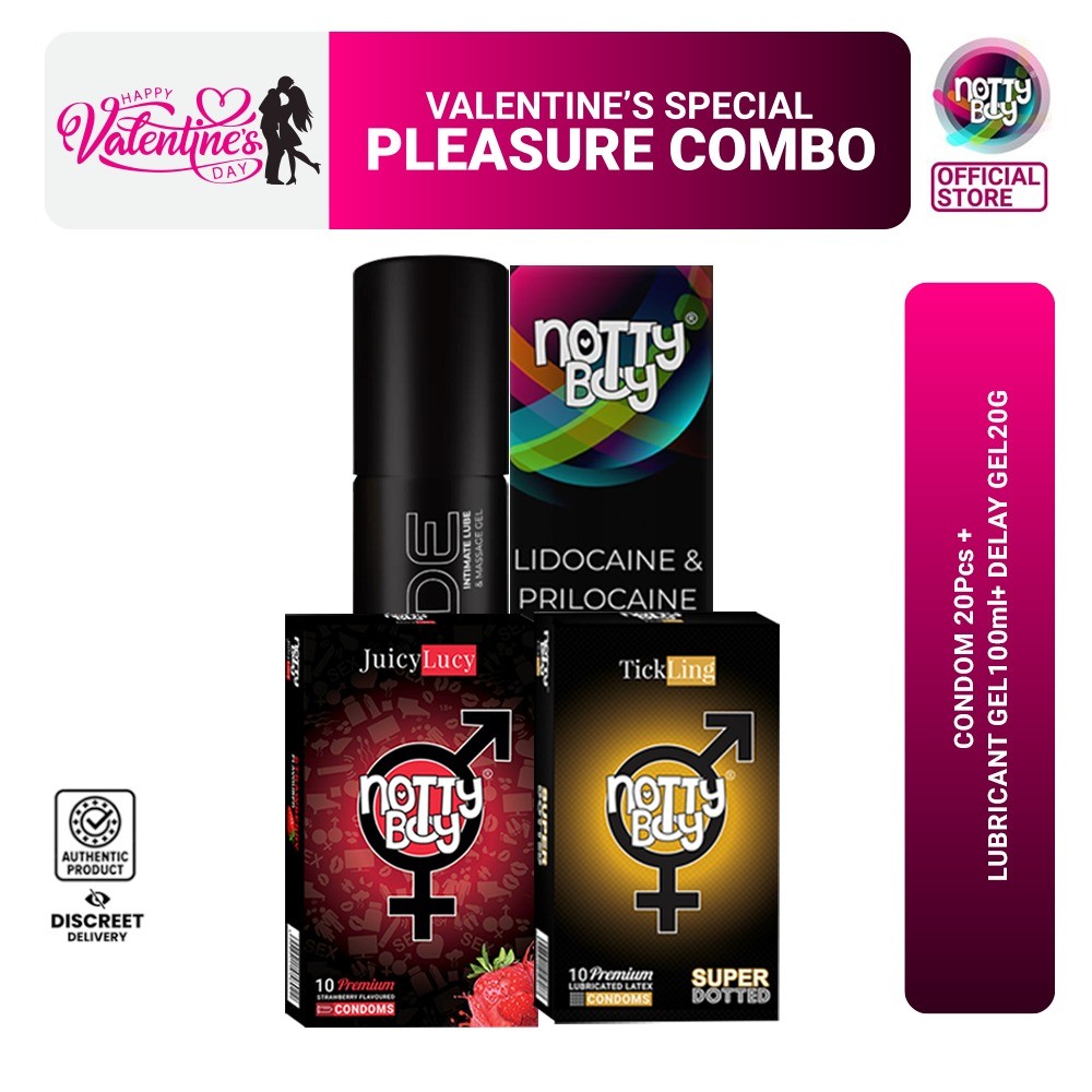 NottyBoy Valentine's Special Pleasure Combo Pack = Nottyboy Delay Gel 20g + Lubricant Gel 100ml + Nottyboy Condom Strawberry 10s, Extra Dots 10s