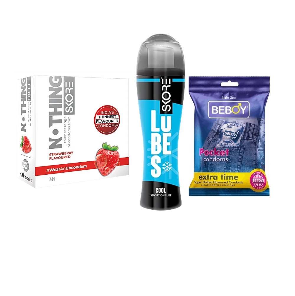 Skore Cool Combo = 6Pcs Condom + Skore Cool Lube Gel 60ml + Skore Nothing Strawberry 3s + Beboy Extra Time 3s
