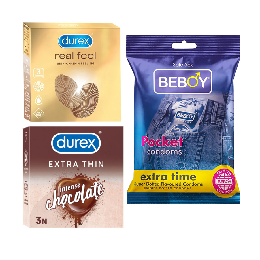Durex Pleasure Partner Combo = 9Pcs Condom + Durex Real Feel 3s + Durex Chocolate 3s + Beboy Extra Time 3s Condom