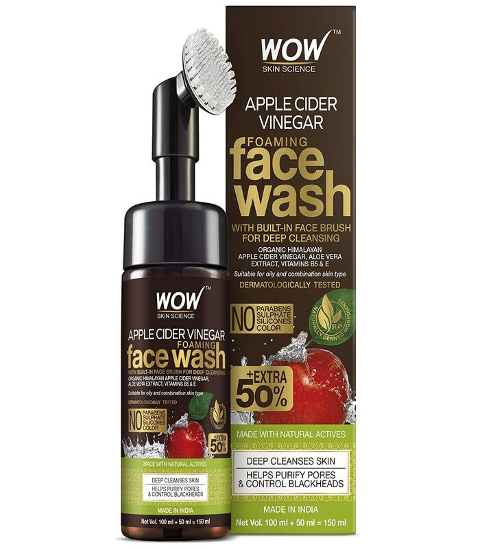 WOW Skin Science Apple Cider Vinegar Foaming Face Wash – with Organic Certified Himalayan Apple Cider Vinegar – No Parabens, Sulphate, Silicones & Color (with Built-in Brush)-150mL