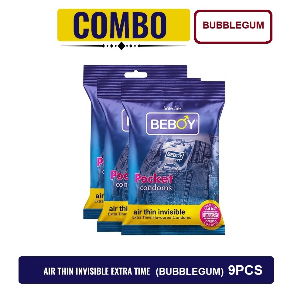 Beboy Extra Time Air Thin Invisible Condom (BubbleGum Flavour) Pouch Pack (Combo) 3x3 - 9Pcs (India)