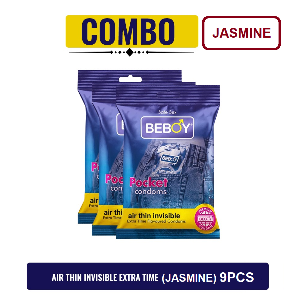 Beboy Extra Time Air Thin Invisible Condom (Jasmine Flavour) Pouch Pack (Combo) 3x3 - 9Pcs (India)
